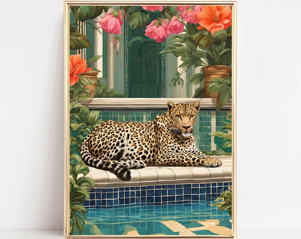 Leopard By The Pool Vintage Leopard Art Print