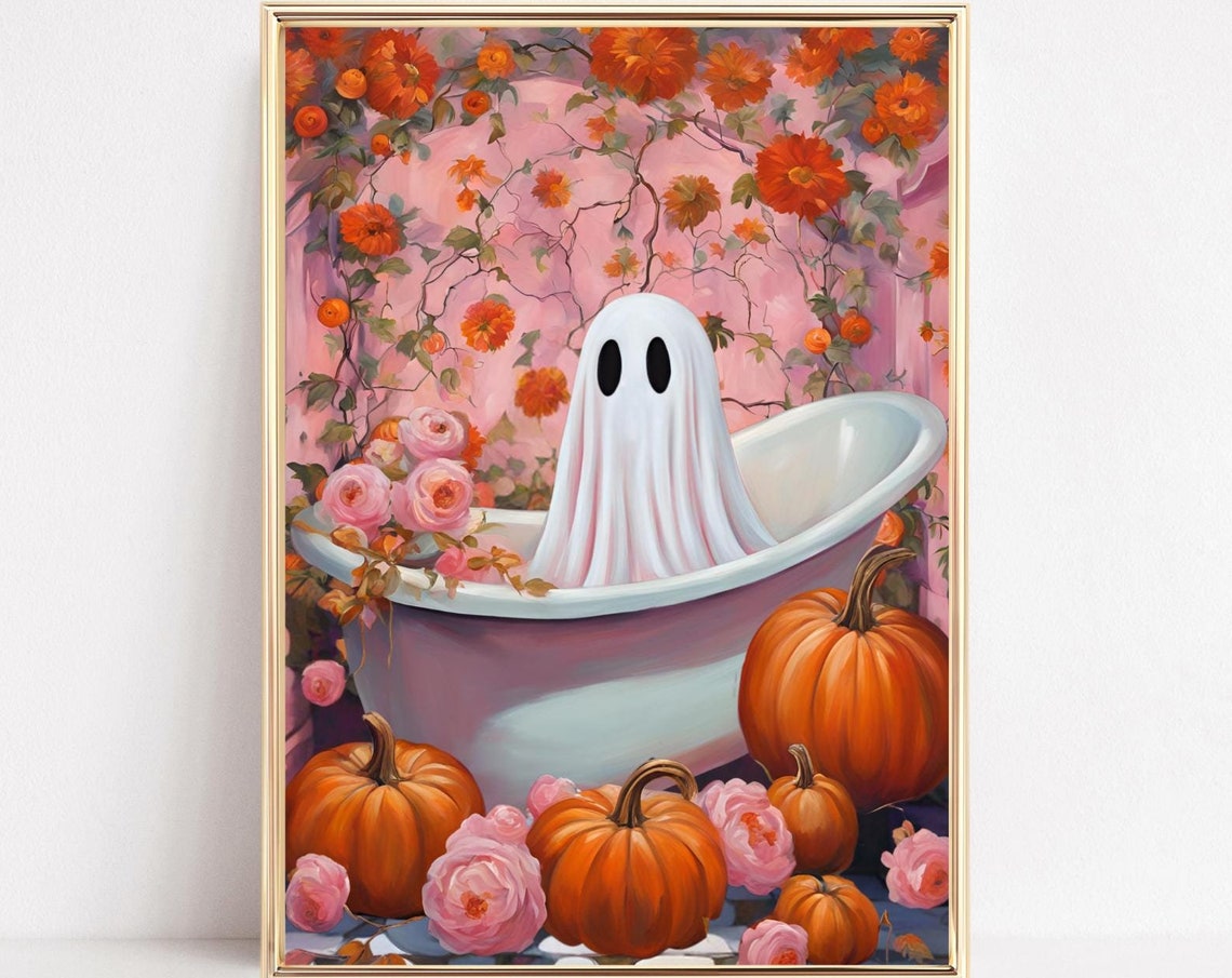 Ghost In The Bath Pumpkins Fall Flowers Halloween Wall Poster