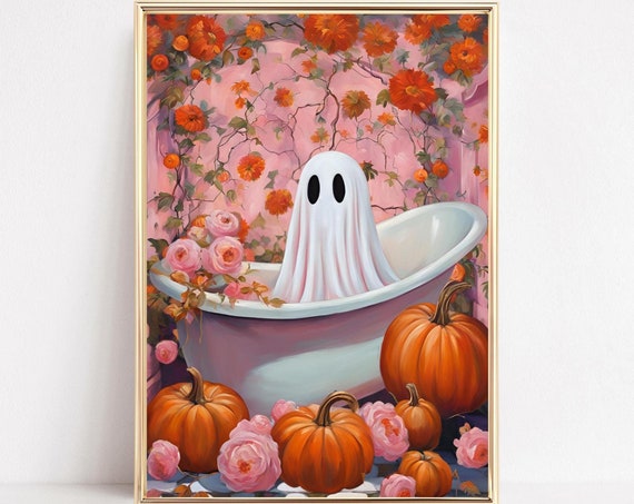 Ghost Wall Art Print Halloween Wall Art Ghost In The Bath Cute Halloween Bathroom Art Pink Ghost Portrait Floral Spooky