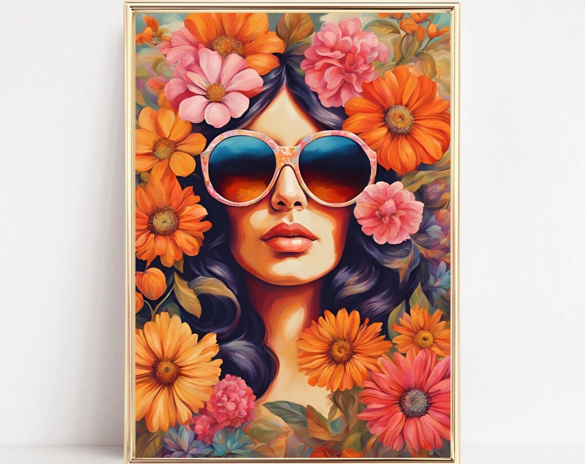 Flower Child Woman With Round Retro Sunglasses Floral Poster