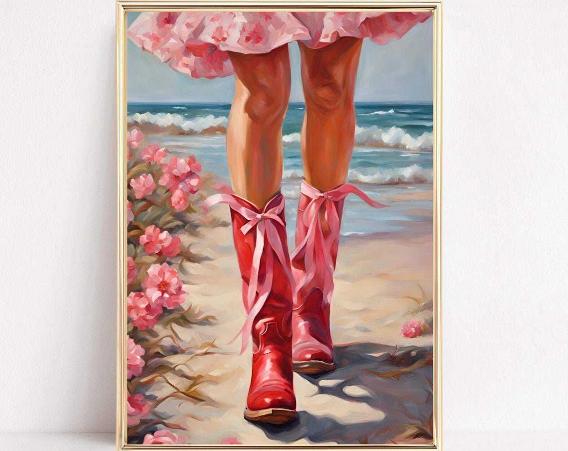 Coastal Cowgirl Boots Preppy Art Print Retro Western Boots Wall Art Trendy Retro Wall Painting Girly Dorm Room Aesthetics Coastal Cowboy Art