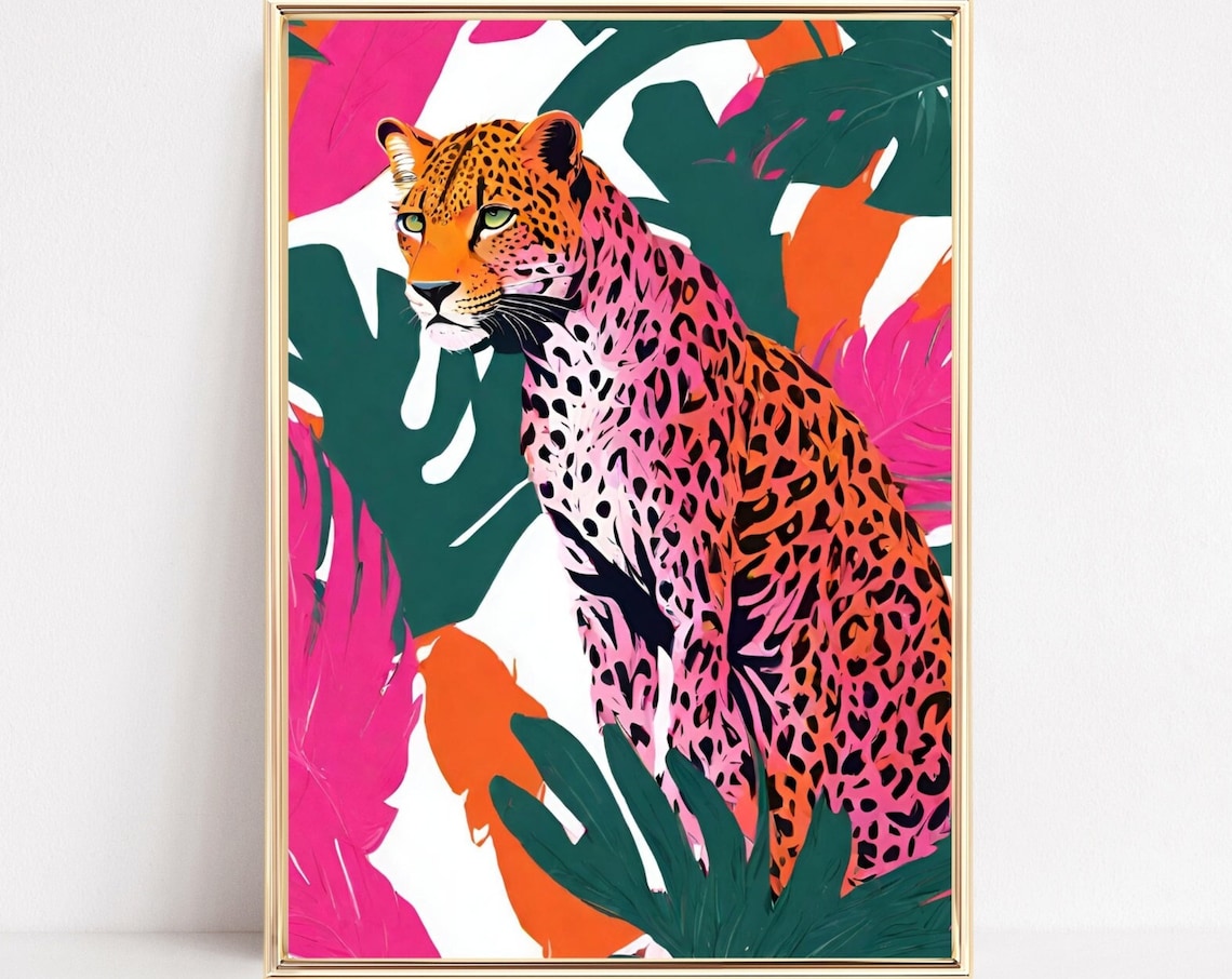 Pink Leopard Tropical Art Bold Leaf Jungle Feline Portrait Print