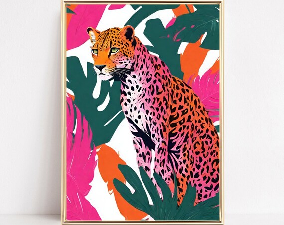 Pink Leopard Tropical Art Bold Leaf Jungle Feline Portrait Print