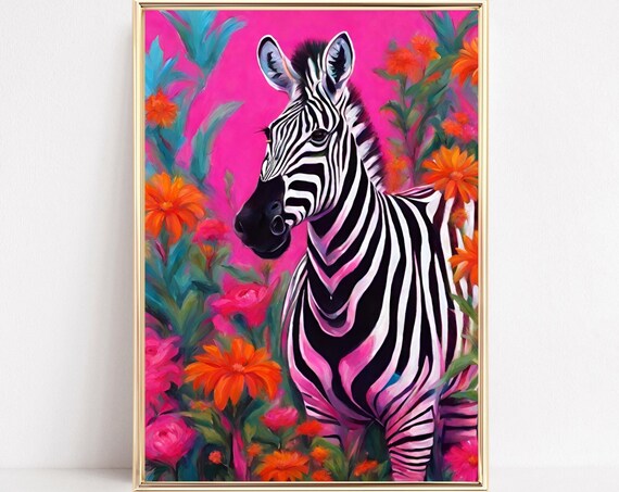 Zebra Among Bright Pink And Orange Flowers On Magenta Poster