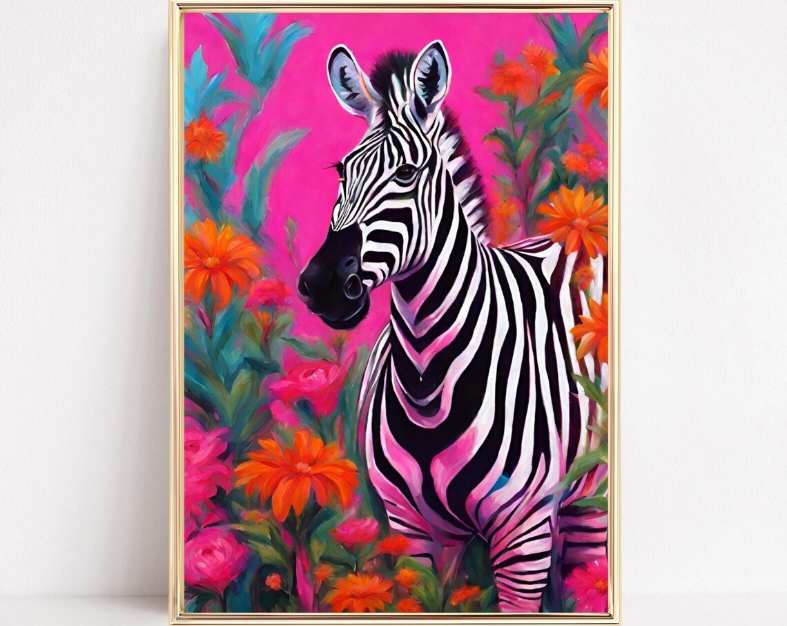 Zebra Among Bright Pink And Orange Flowers On Magenta Poster