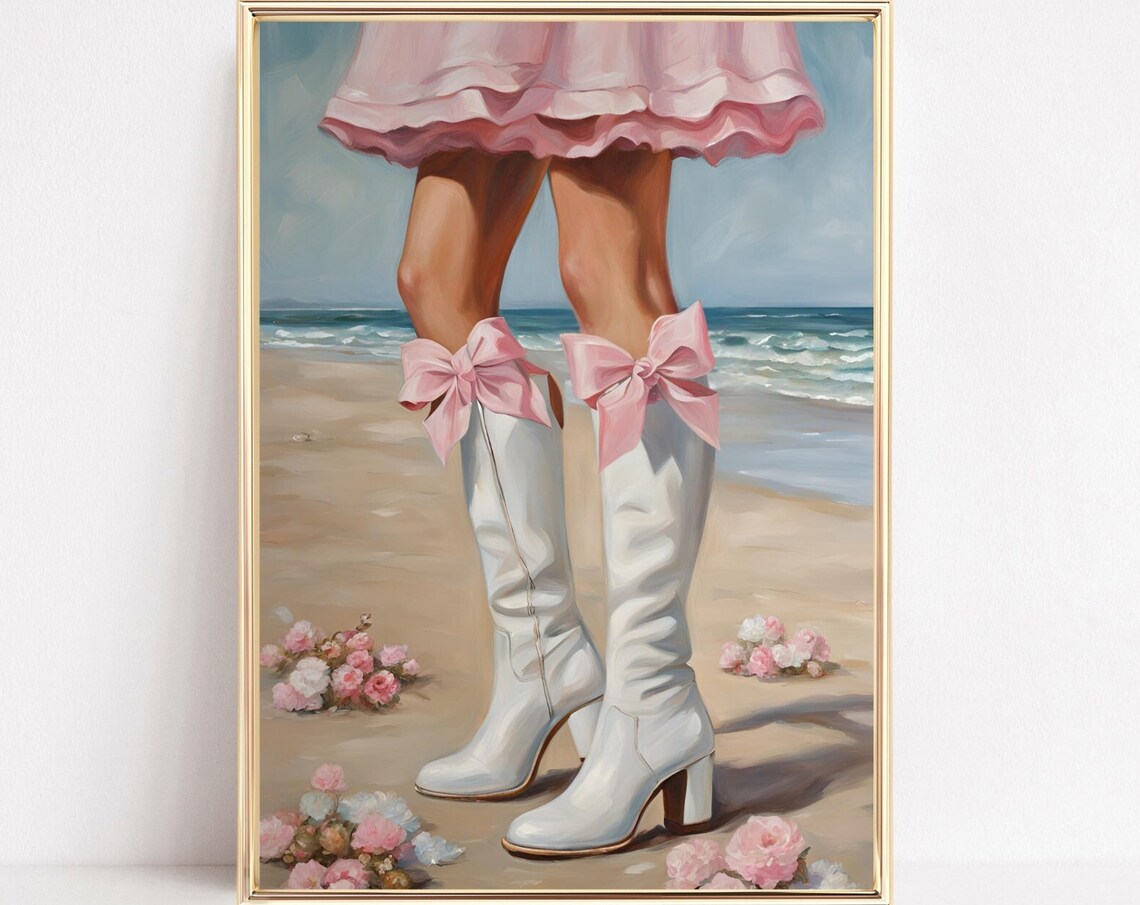 White Boots With Big Pink Bows Sandy Beach Flowers Wall Poster