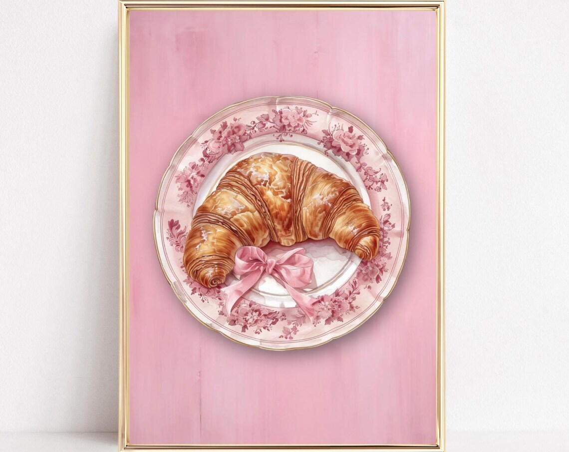 Golden Croissant On Floral China Plate With Pink Bow Cafe Poster