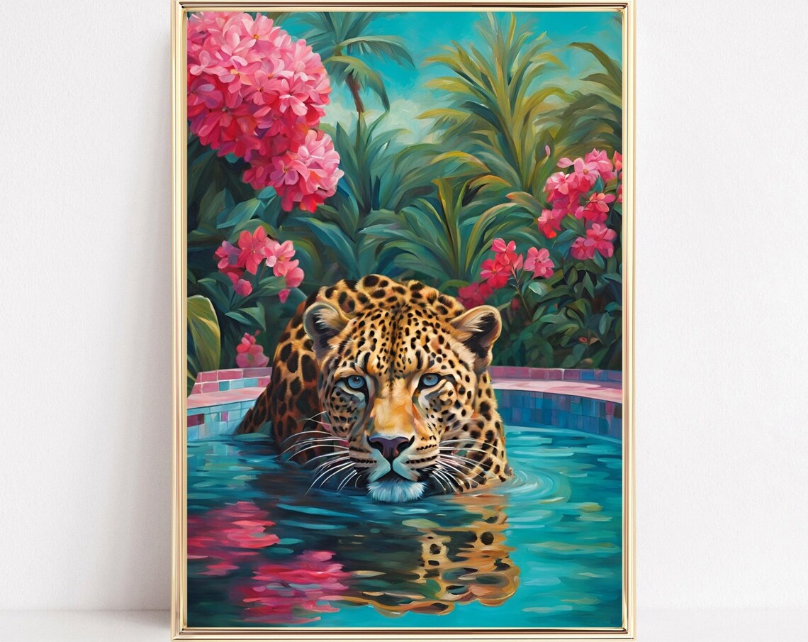 Leopard Swimming In A Tropical Pool With Pink Flowers Poster