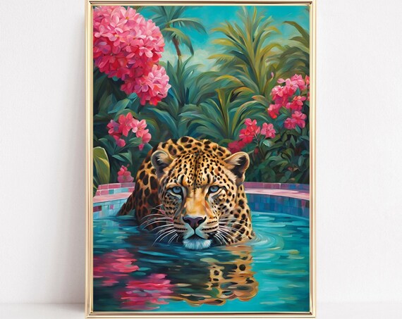 Leopard Swimming In A Tropical Pool With Pink Flowers Poster