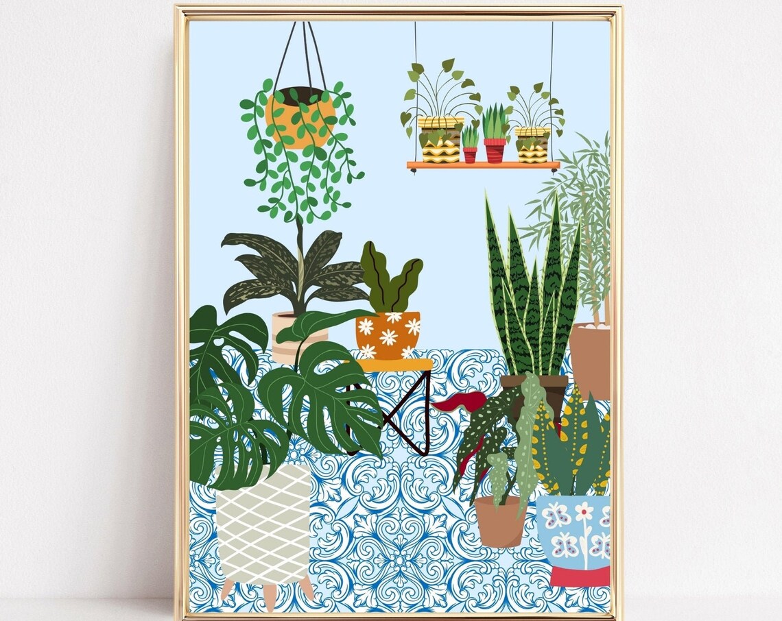 House Plant Art Print, Greek Tile Boho Botanical