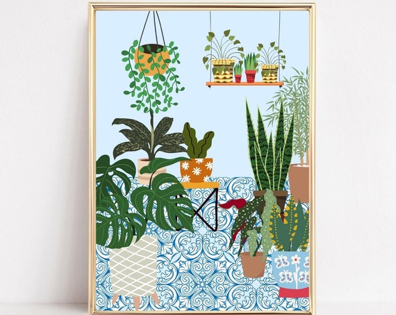 House Plant Art Print, Greek Tile Boho Botanical