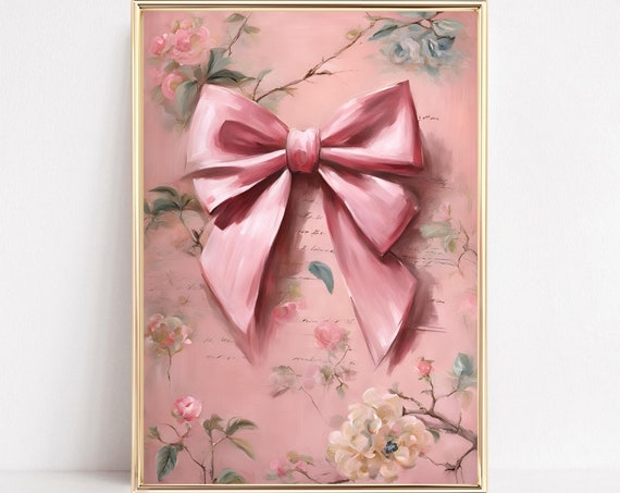 Preppy Pink Bow Coquette Art Print Pink Bow Pink Bow Nursery Art Balletcore Art College Apartment Decor Pink Coquette Wall Art