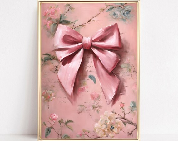 Romantic Pink Bow On Shabby Chic Floral Script Artwork Poster