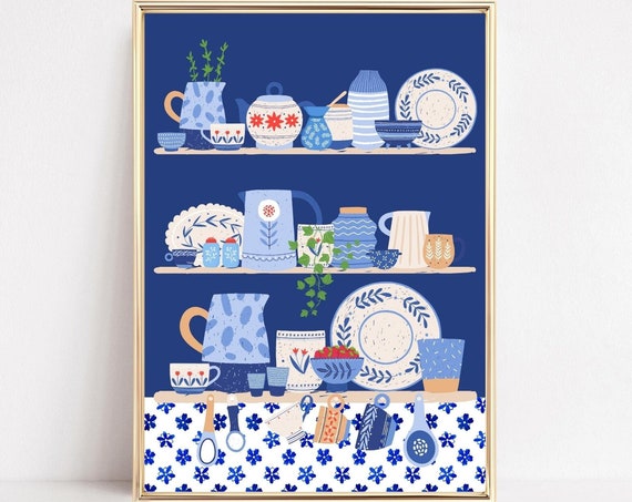 Kitchen Collection Art Print, Blue Crockery Shelfie