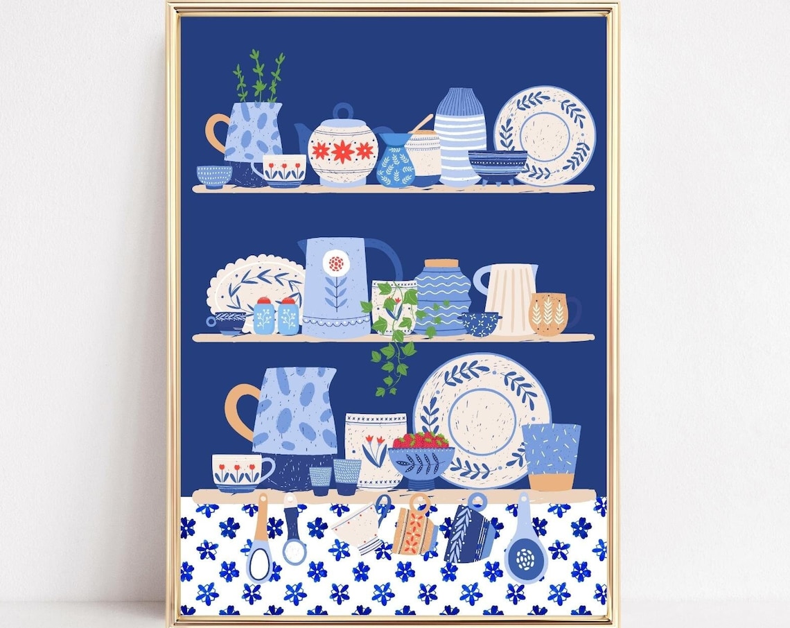 Kitchen Collection Art Print, Blue Crockery Shelfie