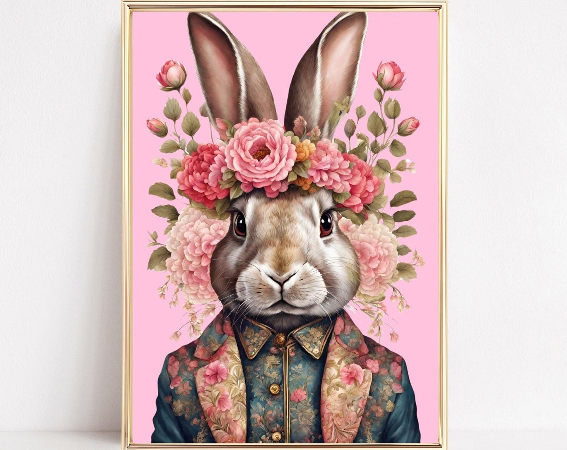 Maximalist Fashionista Rabbit Wall Art Print Fashion Bunny Portrait Eclectic Bunny Poster Colorful Altered Animal Portrait Flowery