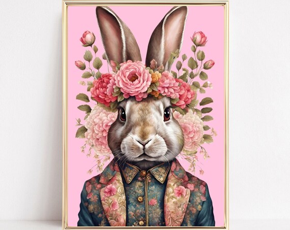 Dapper Bunny Floral Suit Pink Flower Crown Animal Portrait Poster