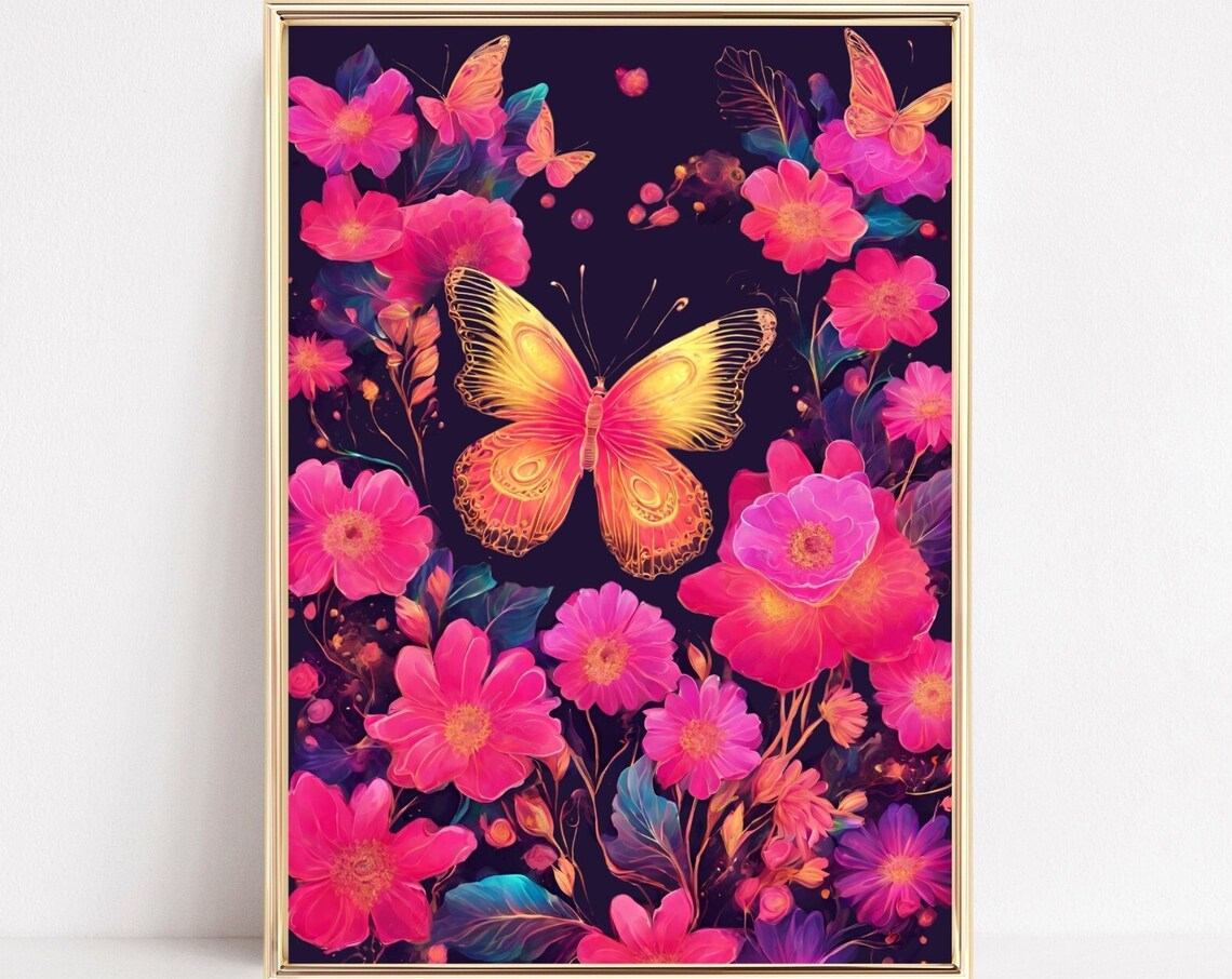 Neon Butterfly Night Garden Art Pink Flower Moth Floral Print