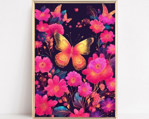 Boho Butterfly Wall Art Botanical Floral Butterfly Poster Dark Butterfly Print Cottagecore Nature Art Butterfly Nursery Art Decor