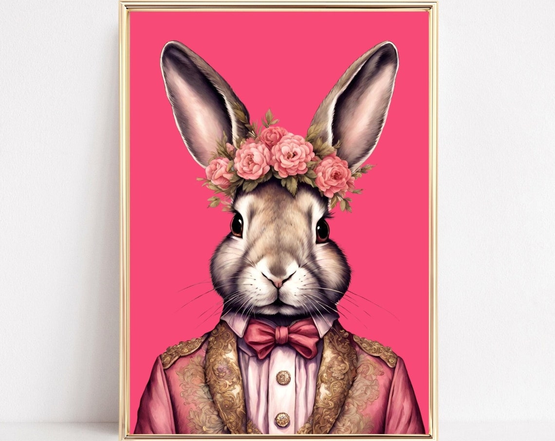 Fashion Bunny Portrait Art Print Eclectic Fashionista Bunny Poster Bold Altered Animal Portrait Vintage Floral Rabbit Art