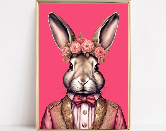 Fashion Bunny Portrait Art Print Eclectic Fashionista Bunny Poster Bold Altered Animal Portrait Vintage Floral Rabbit Art