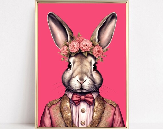 Gentleman Bunny Fashion Art Tuxedo Bow Tie Pink Rose Crown Print