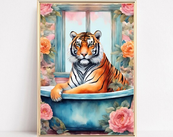 Tiger in Blue Bathtub Roses Whimsical Bathroom Animal Art Poster