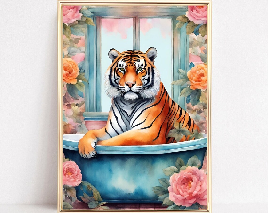 Tiger in Blue Bathtub Roses Whimsical Bathroom Animal Art Poster
