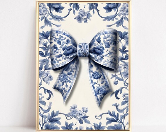 Blue And White Floral Bow On Matching Porcelain Background Poster