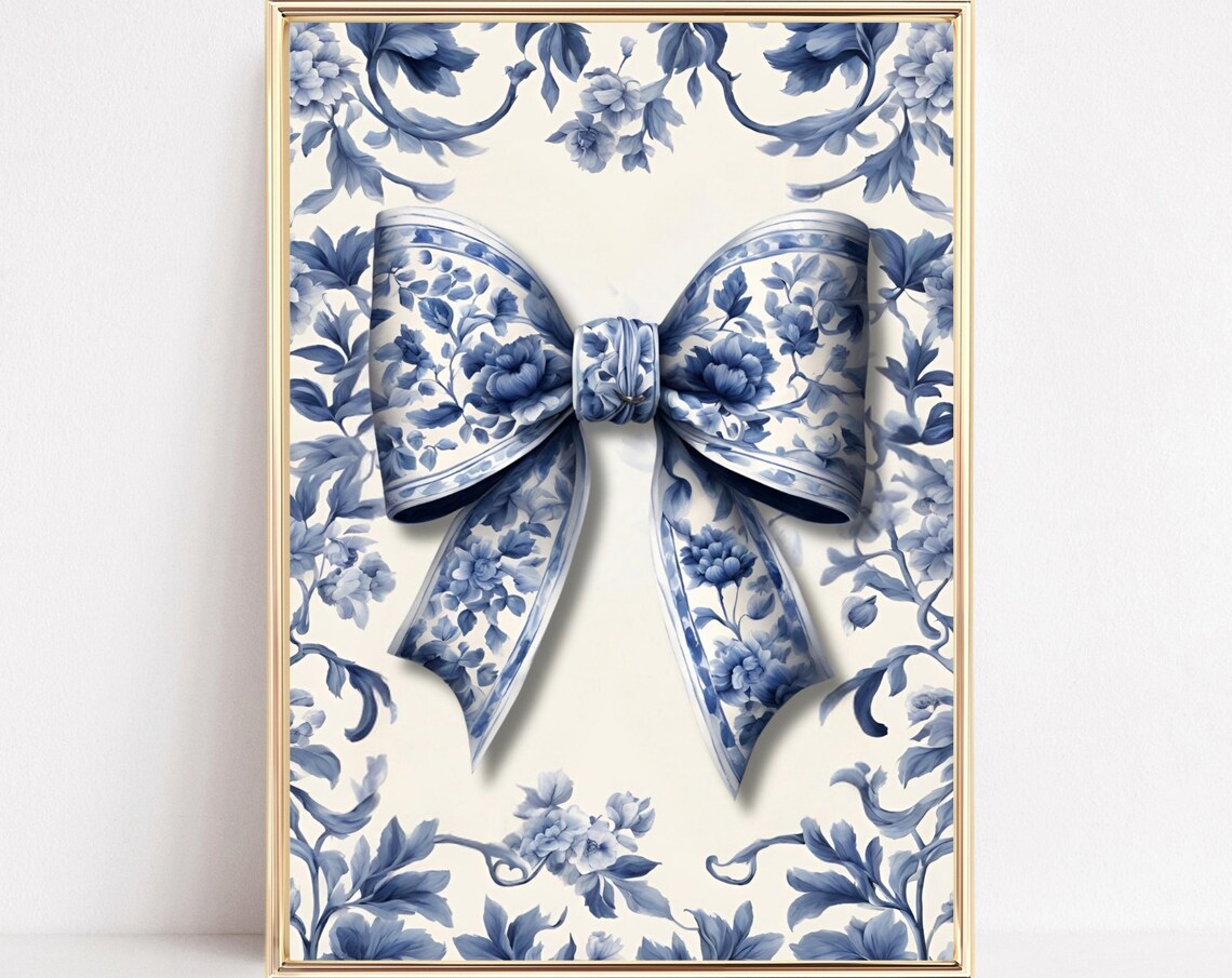 Blue And White Floral Bow On Matching Porcelain Background Poster