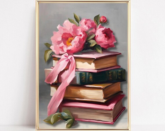 Stack Of Vintage Books Tied With Pink Ribbon And Peonies Poster
