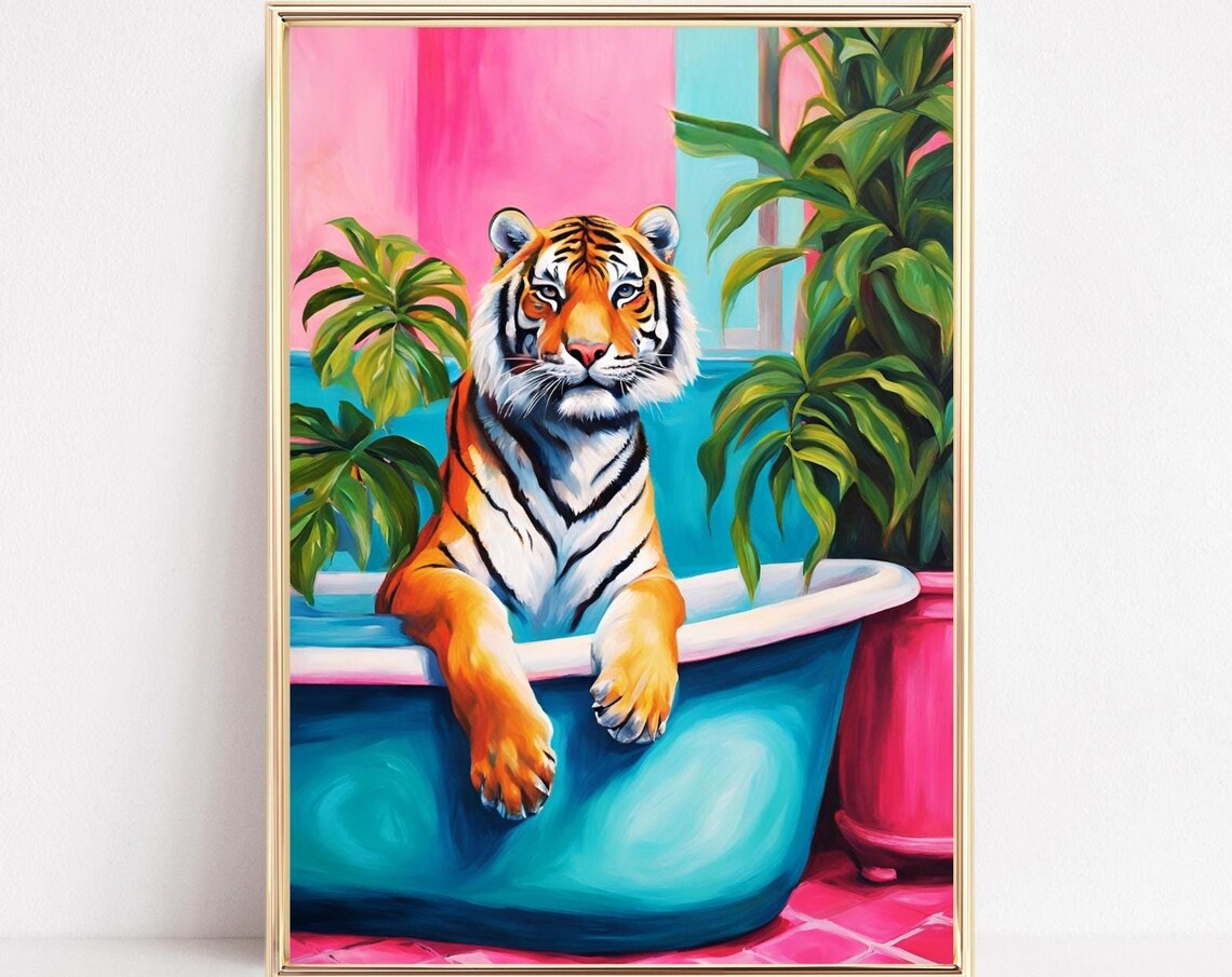 Tiger Relaxing In A Blue Bathtub With Tropical Plants Poster