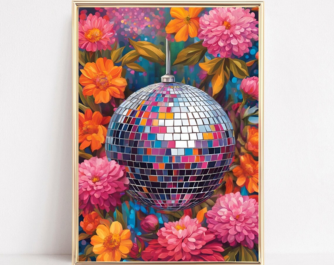 Colorful Mosaic Disco Ball Among Flowers On Dark Teal Poster