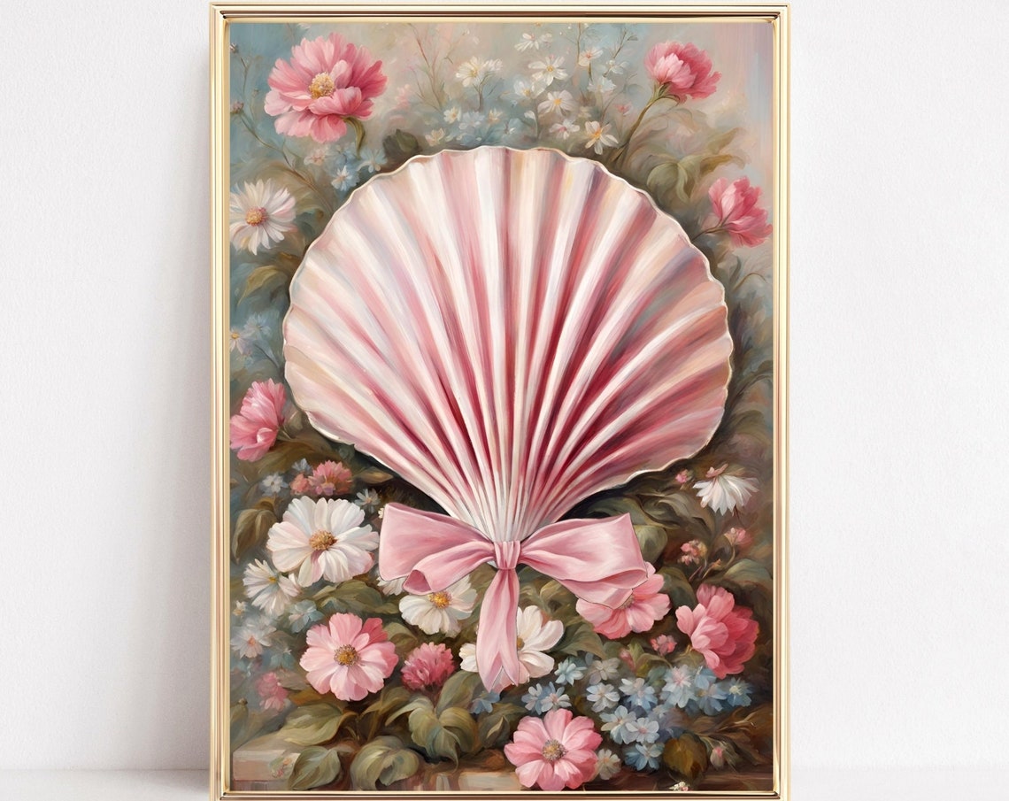 Pink Seashell With Satin Bow Floral Botanical Coquette Poster