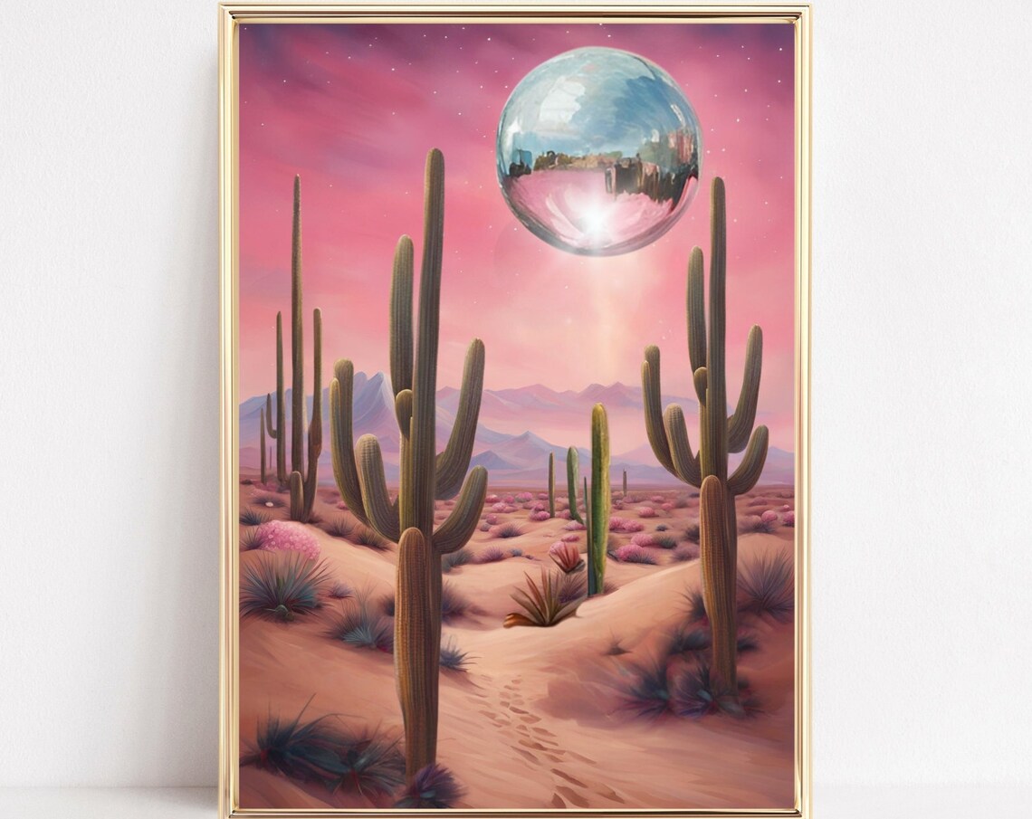 Pink Saguaro Cactus Desert Disco Ball Moon Night Sky Retro Poster