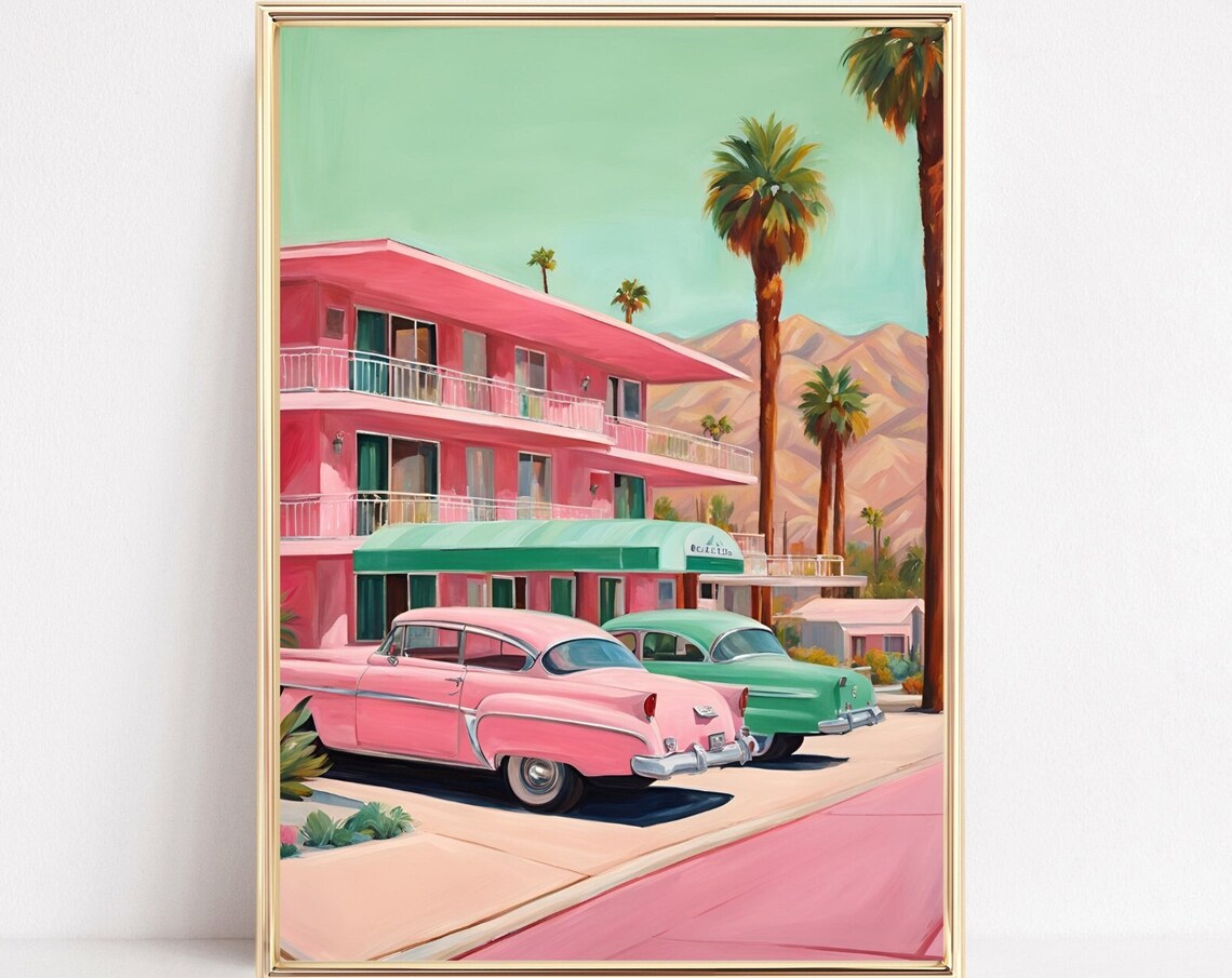 Pink Roadside Motel Retro Southwestern Travel Poster