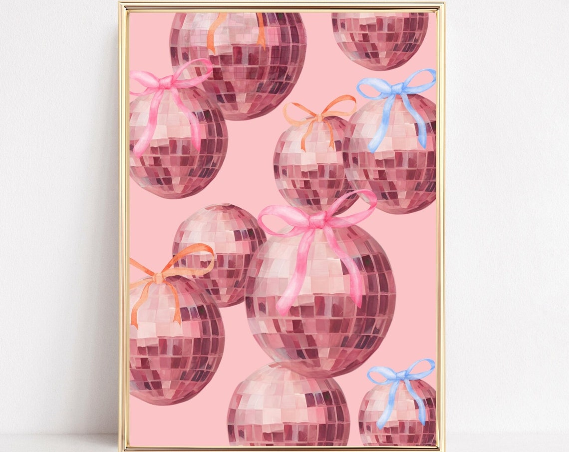 Pink Disco Balls With Tiny Colorful Ribbon Bows Party Poster