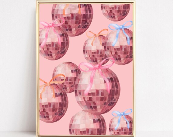 Pink Orange Disco Ball With Bows Print Pink Disco Ball Art Coquette Bow Disco Balls Maximalist Wall Art Pink Girly Dorm Decor