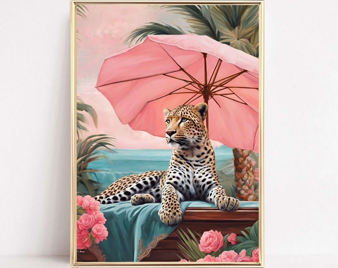 Leopard Relaxing Under Pink Parasol On Tropical Beach Poster