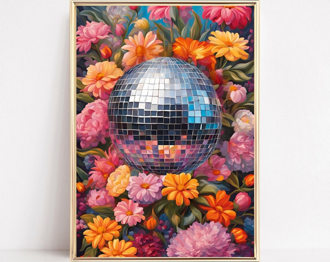 Silver Disco Ball Amid Bright Pink And Orange Flowers Poster