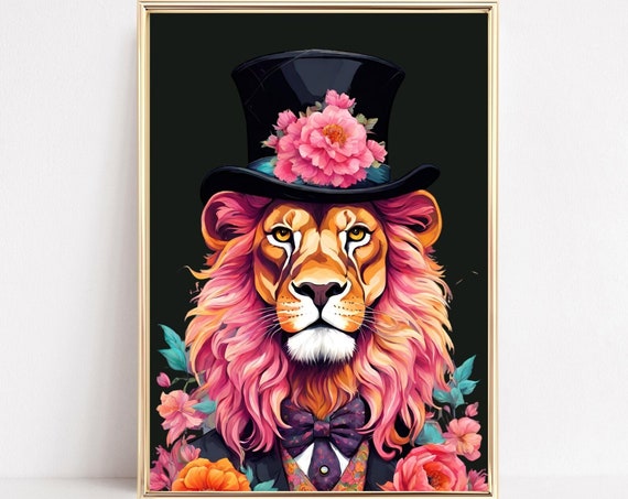 Fashion Lion Wall Art Print Lion Portrait Poster Renaissance Lion Painting Regal Lion Gothic Poster Pink Lion Vintage Style Animal