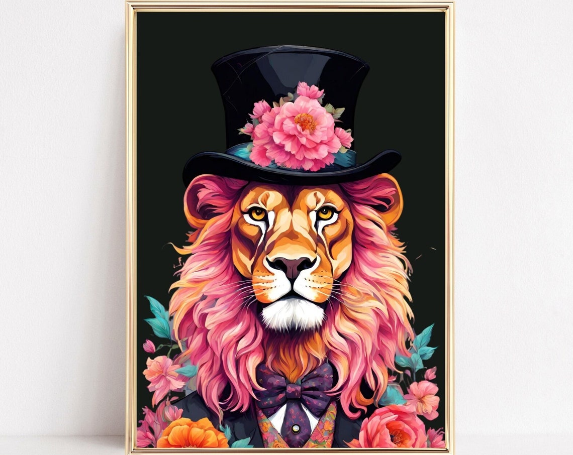 Fashion Lion Wall Art Print Lion Portrait Poster Renaissance Lion Painting Regal Lion Gothic Poster Pink Lion Vintage Style Animal