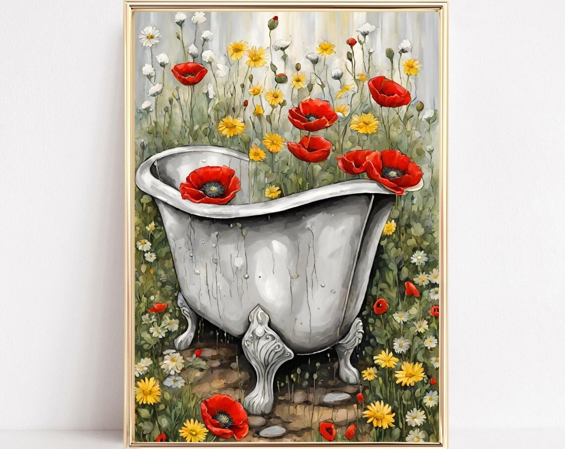 Vintage Metal Bathtub Wildflower Meadow Red Poppy Garden Poster