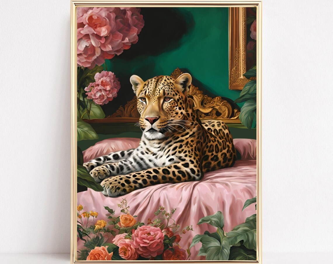 Leopard Lounging On Pink Velvet Chaise In Baroque Room Poster