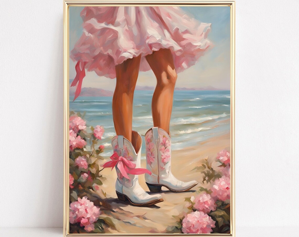 Coastal Cowgirl White Boots Pink Bow Beach Roses Wall Poster