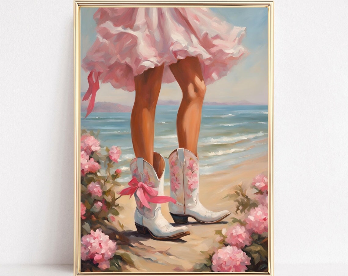 Coquette Cowgirl Art Trendy Coastal Western Print Preppy Retro Cowgirl Painting Coastal Apartment Dorm Room Aesthetics