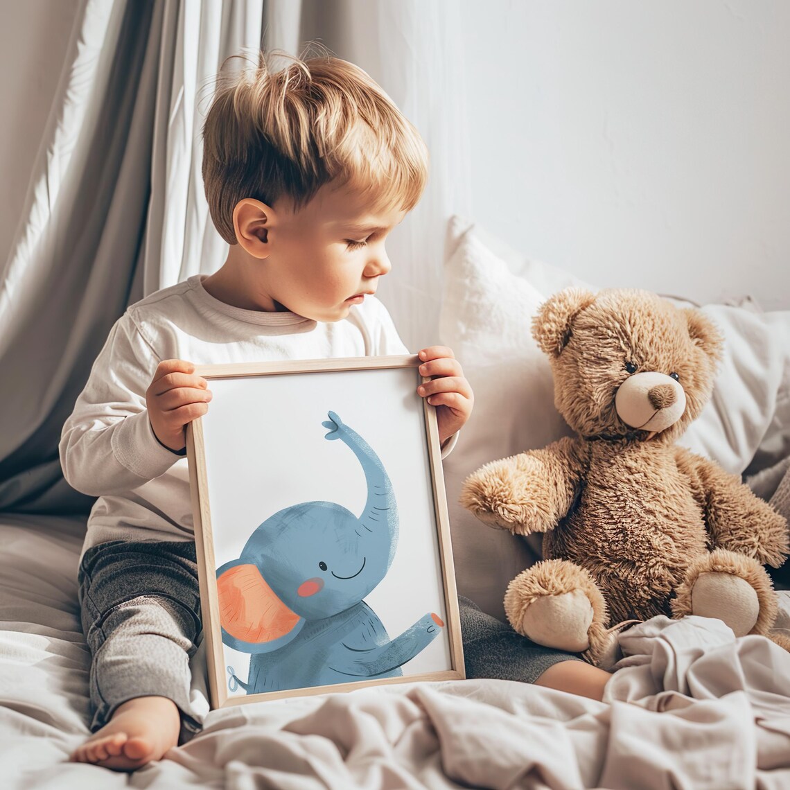 Happy Blue Baby Elephant with Raised Trunk and Coral Ears Poster - Image 3