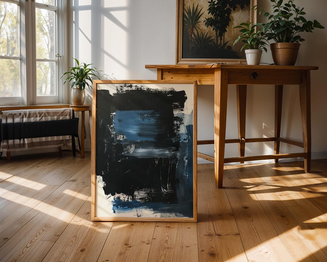 Dramatic Black and Cobalt Blue Gestural Abstract Painting Poster - Image 2