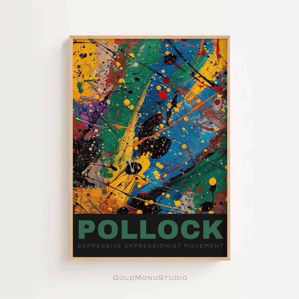 Pollock Bold Color Drips Abstract Poster with Green Lettering Band
