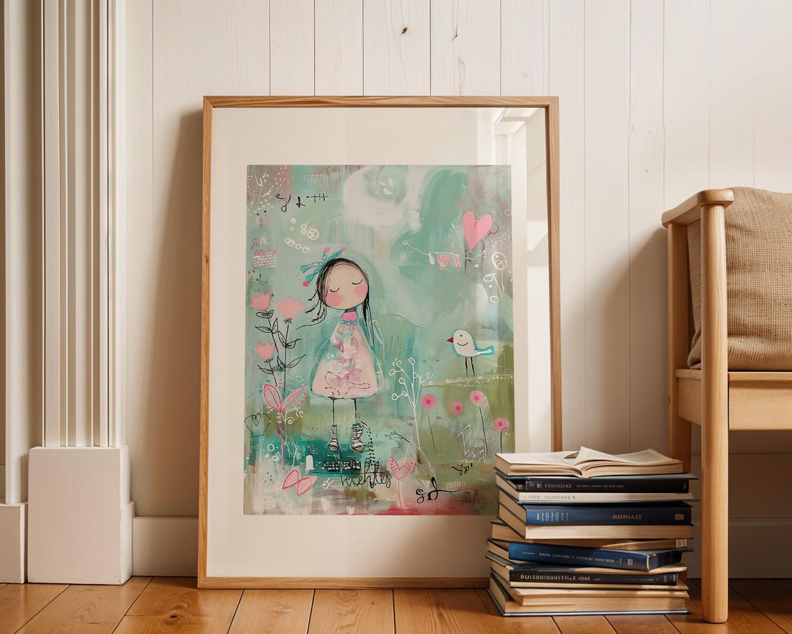 Whimsical Nursery Girl in Pink Dress with Flowers and Bird Poster - Image 2